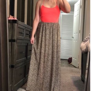 Coral and Cheetah Print Maxi Dress